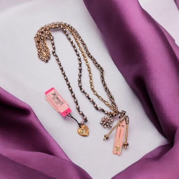 NEW Rare Betsey Johnson Long Layered Necklace with Extender Pink Skis Ski Poles - Picture 11 of 11